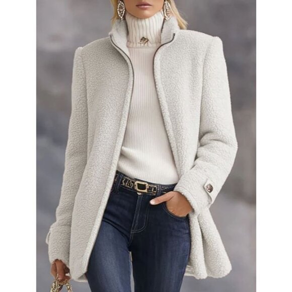 Oyrosy Casual Vintage White Polar Fleece Zip-Up Jacket Coat Size S NWT - Picture 1 of 6